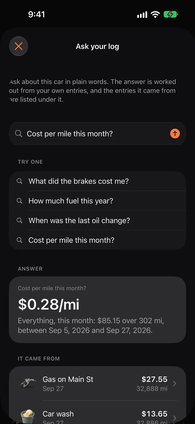 SteerLog's Ask your log screen answering a plain question from the car's own history.