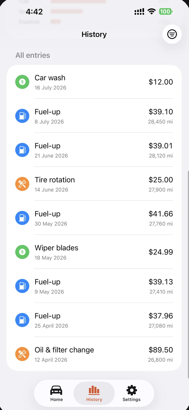 SteerLog history: a long list of logged fuel-ups, rotations, and services, each with date, odometer, and cost.