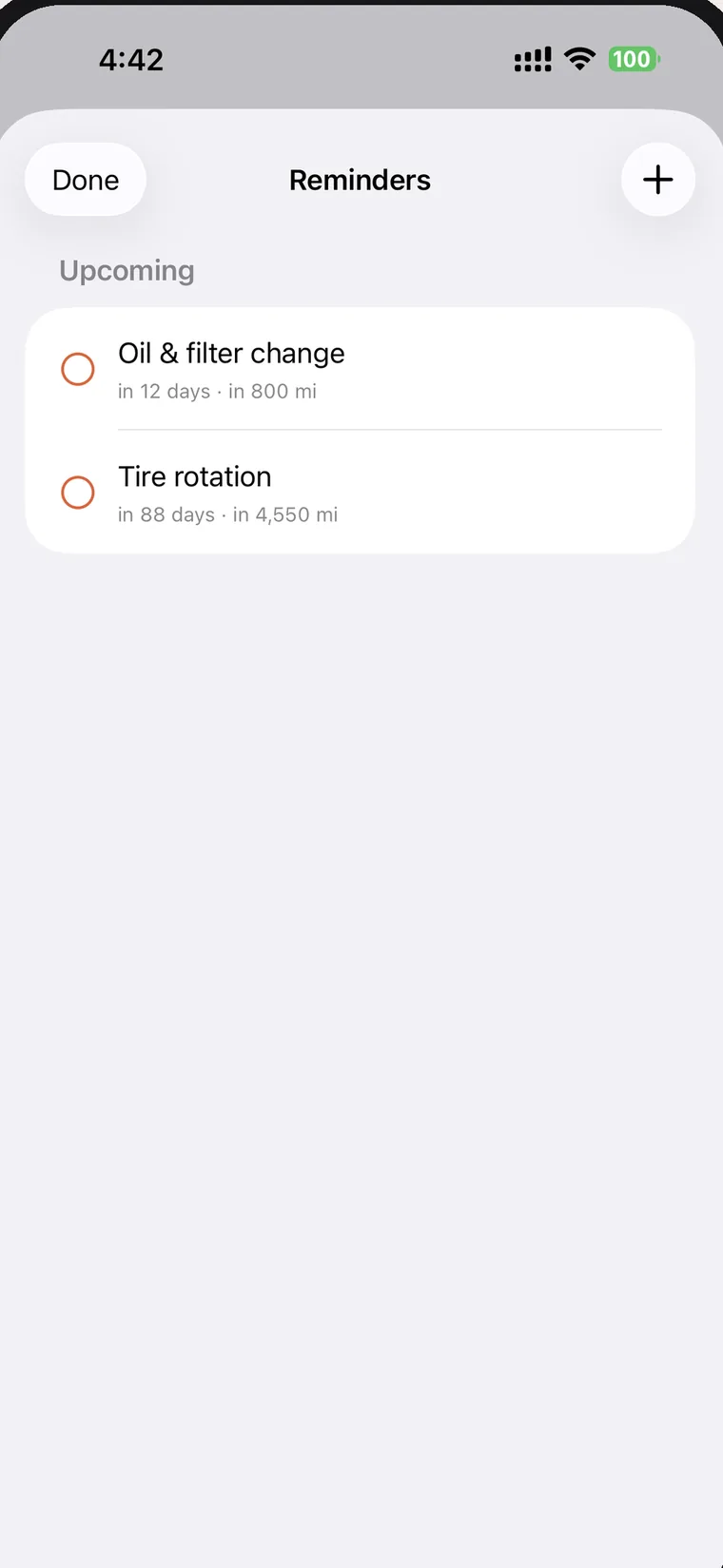 SteerLog reminders screen: oil and filter change and tire rotation reminders with a 9 AM nudge on the day each is due.